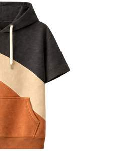 Sudadera con Capucha de Manga Corta para Hombre, Color Carbón Beige y Rojo Óxido, con Bolsillo Canguro, de Algodón y Felpa, Estilo Casual Urbano - Product Image 3