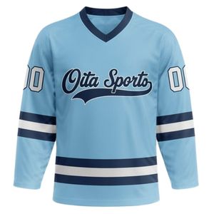 Men <b>Light</b> Blue Sublimated Ice Hockey V <b>Neck</b> Striped Jersey Shorts Set Polyester Sports Clothing Match Training Performance Wear - Product Image 6