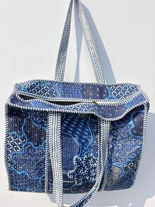 Luxury Blue <b>Quilted</b> Cotton Tote Bag With Blue Panelled Print Bohemian Style <b>Summer</b> Casual Open Top Shopping Handbag for Wome - Product Image 2