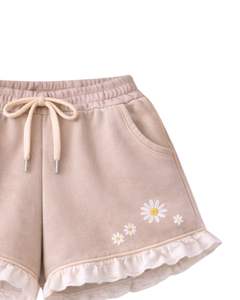 Ensemble crop top et short beige pour femme, broderie marguerite, ourlet à volants, tenue décontractée deux pièces en molleton de coton, fabricant en gros - Product Image 6