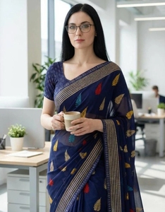 Sari de Georgette KV con Adornos, Rayas y Estampado Floral para Uso Diario - Product Image 1