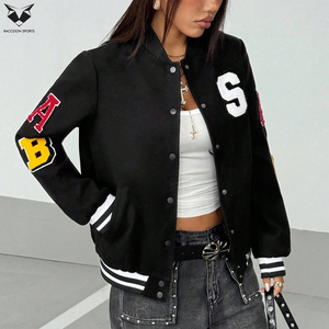 Veste universitaire noire pour femme, style Letterman, manches longues, avec patchs brodés sur la manche droite, coupe classique, pour l'automne, vêtements décontractés - Product Image 4