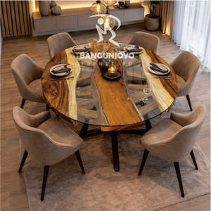 Mesa de Comedor Redonda de Madera Suar con Cubierta de Vidrio Templado, 6 Sillas, Construcción de Madera Sólida, Diseño Contemporáneo para Uso Doméstico y Comercial - Product Image 3