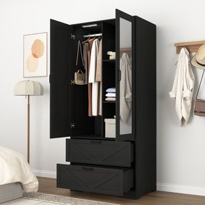 Armadio in Legno a 2 Ante per Camera da Letto con Asta Appendiabiti Interna e 2 Cassetti per Organizzazione e Stoccaggio - Product Image 5