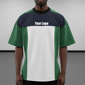 T-shirt pour homme à col rond, blocs de couleur, panneaux cousus, logo imprimé en relief personnalisé, vêtement d'été - Product Image 4