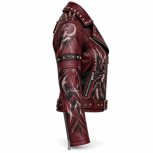 Blouson de motard en cuir véritable bordeaux pour femme, avec imprimé graphique personnalisé corbeau, ourlet ceinturé et clouté, fournisseur de vêtements d'extérieur - Product Image 3