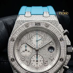 Luxury Iced Out Moissanite <b>Chronograph</b> Watch Full Stone Set Bezel Case Silver Tone Dial Blue Rubber Strap <b>Automatic</b> Mechanical - Product Image 1