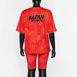 ชุดเสื้อยืดและกางเกงขาสั้นผู้หญิง ผ้าโพลีเอสเตอร์ผสมสแปนเด็กซ์ สีแดงส้ม สำหรับเล่นกีฬา สกรีนโลโก้ตามสั่ง เสื้อยืดผ้าฝ้าย 100% ชุดเสื้อยืดและกางเกงขาสั้น - Product Image 2