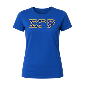 <b>Women</b> Royal Blue O Neck Short Sleeve <b>T</b> <b>Shirt</b> with Greek Letter Crest Pattern Print <b>Yellow</b> Outline Casual Graphic Tee Summer - Product Image 3