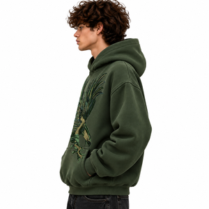Sudadera con capucha extragrande para hombre, con estampado de águila verde oscuro, de forro polar grueso, estilo urbano - Product Image 4