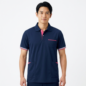Polo à manches courtes bleu marine pour homme avec détails roses et poches, style décontracté tissé - Product Image 3