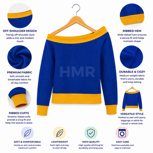 Sweat-shirt à épaules dénudées HMR Sorority Sisterhood, color-block bleu et jaune, manches longues, haut décontracté en tricot - Product Image 6