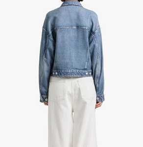 Wholesale <b>Women's</b> Distressed <b>Cropped</b> Denim Jacket Washed Blue Frayed Hem Long Sleeve Casual <b>Jean</b> Coat - Product Image 2