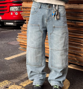 Pantalones Cargo de Mezclilla para Hombre, Lavado Oscuro, Cintura Alta, Corte Holgado, Estilo Utilitario, Algodón de Peso Medio, Color Sólido, para Otoño - Product Image 5