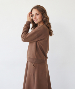 Women Long Sleeve Creww Neck Sweatshirt <b>Skirts</b> SeT 100% Cotton Mid <b>Elastic</b> <b>Waist</b> Breathable Baggy Sweatshirt Fleece <b>Skirts</b> Set - Product Image 4