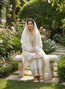 Ensemble Kurta et pantalon en soie blanche avec dupatta, tenue traditionnelle indienne pakistanaise pour mariage, longueur au sol, pour femmes - Product Image 4