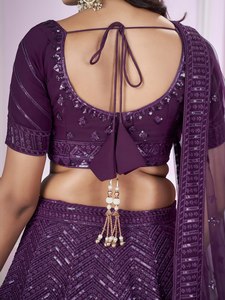 Lehenga Choli con Lentejuelas Moradas Bordadas, Dupatta de Georgette, Cintura Natural, Secado Rápido, Traje Tradicional para Bodas y Fiestas para Mujer - Product Image 3