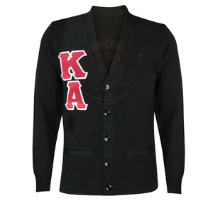 Cardigan KAP pour fraternité, en acrylique noir tricoté, pull pour homme avec lettres brodées rouges, col en V boutonné, tenue universitaire - Product Image 1