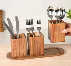Ensemble de porte-couverts en bois à 3 compartiments, organiseur d'ustensiles avec plateau, support de rangement pour cuillères, fourchettes et couteaux, support de table de cuisine - Product Image 2