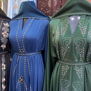 2026 Best Luxury Breathable Sequined Turkish Style Abaya Flared Hem Handmade Crystal Stone Work Modest Muslim Women's Evening - Product Image 1