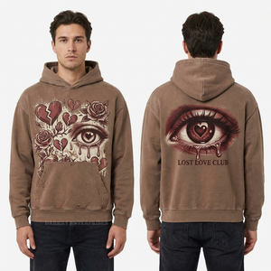 Custom <b>Brown</b> Earth Tone Hoodie Mens Crying Eye Graphic Pullover Distressed Streetwear Hoody Rose Embroidery Apparel Factory - Product Image 1