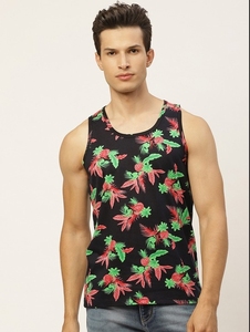 Débardeur pour homme noir à imprimé floral, col rond, sans manches, décontracté, respirant, en polyester tricoté - Product Image 1