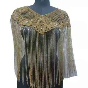 Cape de soirée longue à franges en perles de cristal de créateur, style Moyen-Orient, cape superposée lourdement perlée, vente directe d'usine en gros - Product Image 1