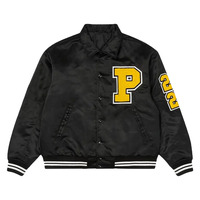 Veste formelle ample en satin enduit avec extérieur en cuir véritable, design respirant et logo frontal