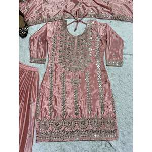 Conjunto de vestido de noche de diseñador, ropa de fiesta de trabajo con bordado pesado, parte inferior superior y Dupatta - Product Image 3