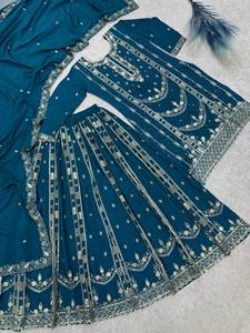 Conjunto de Kurta Sharara Dupatta Azul Bordado, Traje Tradicional Indio para Mujer, Ropa Festiva para Bodas y Fiestas - Product Image 4