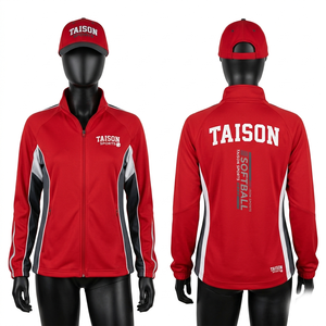 เสื้อแจ็คเก็ตฝึกซ้อมซอฟต์บอล พรีเมียม 240 GSM โพลีเอสเตอร์ สีแดง ดำ ขาว ดีไซน์แผงสี พร้อมโลโก้แบบรีดร้อนตามสั่ง - Product Image 1
