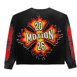 <b>Top</b> Quality <b>Long</b> <b>Sleeve</b> <b>Crop</b> <b>Top</b> Men's Street Style Printed Oversized <b>Black</b> T-Shirt With Flame Pattern Back Logo - Product Image 1