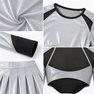 Wholesale Metallic <b>Holographic</b> Cheerleader Uniform Women Sparkle Long Sleeve Cheer Dance Crop <b>Top</b> Pleated Skirt Set - Product Image 4