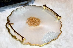 ถาดเรซินสีขาวมุกทำด้วยมือ: ที่จับใบไม้สีทองถาดโต๊ะเครื่องแป้ง Geode - Product Image 4