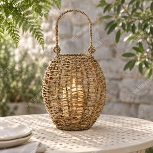 Lanterne sphérique nordique en jonc de mer, porte-bougie suspendu avec corde, lanterne de jardin en verre, support de bougie, lumière décorative intérieure - Product Image 5