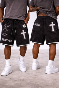 OEM Service Wholesale Distress Rhinestone Acid Wash Custom Jesus Design Men <b>Canvas</b> Shorts New Arrival Private Label Black - Product Image 3