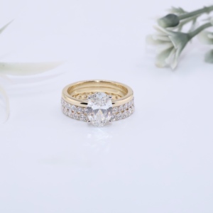 Yellow Gold Oval Cut Lab Grown Diamond Engagement <b>Ring</b> Set Three Piece <b>Stacking</b> Bands Eternity <b>Ring</b> Open Gap Wedding Band - Product Image 1
