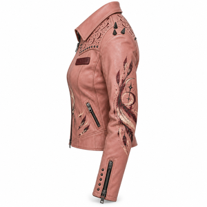 Blouson Biker Rose Poudré en Cuir Véritable pour Femme, Imprimé Croissant de Lune Personnalisé, Épaulettes Découpées au Laser, Vêtement d'Extérieur à Clous – Fournisseur - Product Image 4