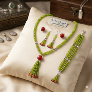 Collar bohemio de cuentas verdes con borla de coral rojo para mujer, joyería de moda chapada en plata - Product Image 4