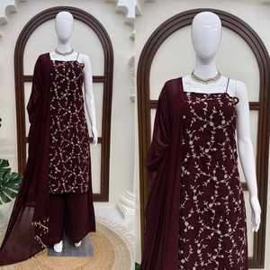 Ensemble haut et pantalon en faux georgette avec sequins, style traditionnel indien pakistanais, pour femmes, idéal pour les fêtes et mariages, avec dupatta longueur ras du sol, séchage rapide - Product Image 3