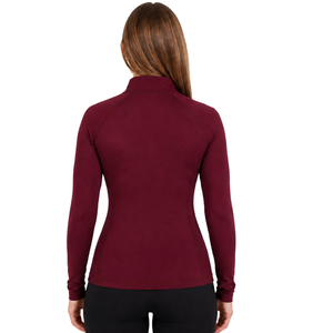 Chemise d'équitation pour femme, couleur bordeaux, à manches longues, avec fermeture éclair quart, extensible, respirante, haut de performance pour l'entraînement équestre - Product Image 2