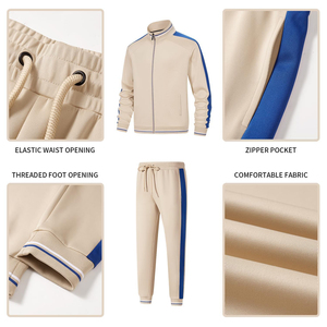 Ensemble de survêtement pour homme beige et bleu, manches longues, col montant, fermeture éclair, vêtements décontractés d'automne avec poches latérales, respirant, polyester et coton - Product Image 5