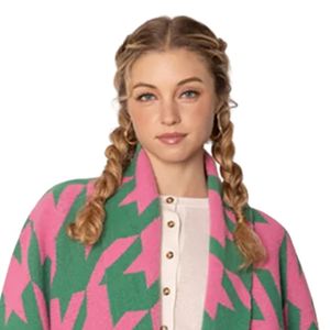Cardigan rose et vert à motif audacieux pour femme, pull en maille tendance, ouvert sur le devant, vêtement d'extérieur décontracté, doux et chaud, à manches longues, style superposé - Product Image 2