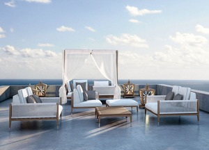 ROSF-011 Modern Coastal Outdoor <b>Sofa</b> Set With Canopy White Cushions <b>Waterproof</b> Wood Frame Garden Lounge Furniture - Product Image 1