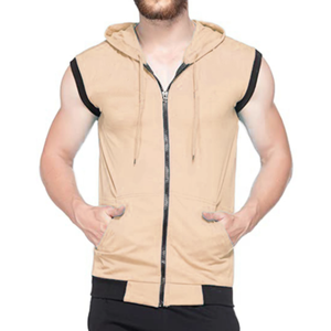 Top Notch <b>Men's</b> 100% Cotton <b>Beige</b> Sleeveless Zipper-Up Heavyweight Fleece Winter Gym Sports <b>Hoodie</b> Embroidered Plain Dyed - Product Image 1
