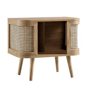 Table de chevet en bois massif et rotin tressé à la main, meuble de rangement compact pour salon et chambre à coucher - Product Image 1