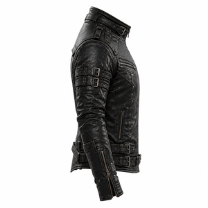 Veste de moto en cuir véritable pour hommes, col montant, fermeture éclair, coupe-vent, avec ceinture et poches, coupe ajustée - Product Image 3