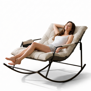 Fauteuil à bascule deux places, revêtement en velours pelucheux, structure en métal noir, pour salon, bureau à domicile, coussin beige - Product Image 1