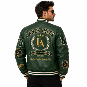 Custom Green Varsity Letterman Jacket Men PU Leather Baseball College Jacket Embroidered Chenille Patch Bomber Jacket OEM Bulk - Product Image 4