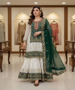 Women Green White Silk Salwar Kameez With Dupatta Traditional Ethnic Wear Wedding Outfit <b>Floor</b> Length Regular Fit 83869 LC 1460 - Product Image 1
